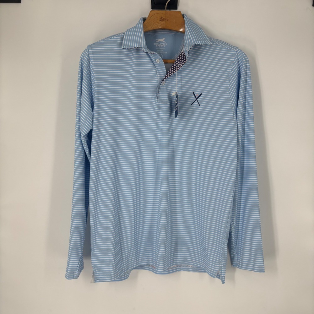 ChalkTalk Sports Mens L Blue White Striped Long Sleeve Baseball Polo Shirt NWT‎